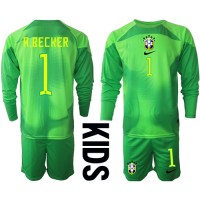 Dětský Fotbalový dres Brazílie Alisson Becker #1 Brankářské MS 2022 Venkovní Dlouhý Rukáv (+ trenýrky)